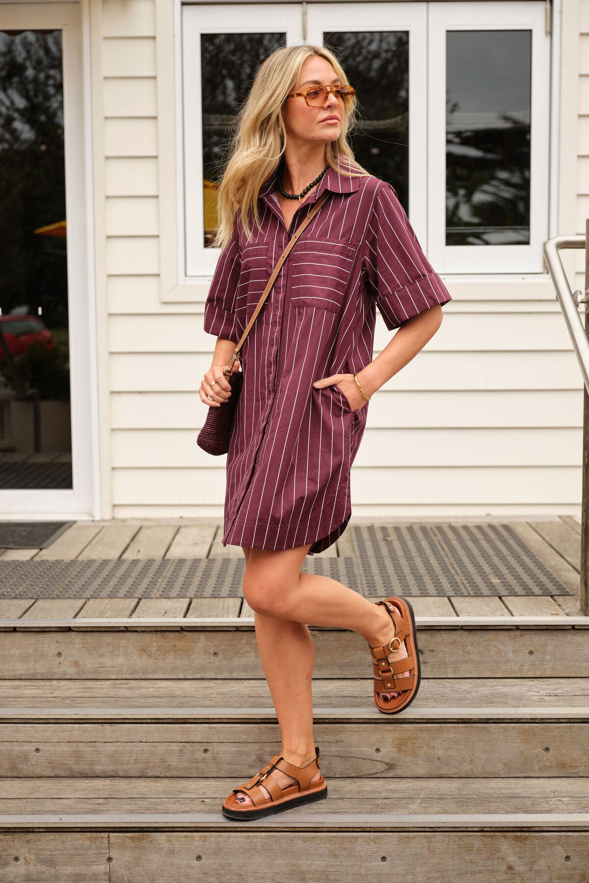 Ceres Life Sara Mini Shirt Dress, Wine Pinstripe