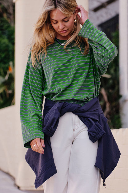 Ceres Life Beau Long Sleeve Slouchy Tee, Basil Prussian Blue Stripe