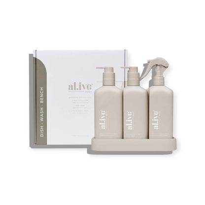 Al.ive Dishwashing Liquid Hand Wash & Bench Spray + Tray, Premium Kitchen Trio, Stone