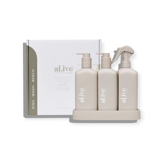 Al.ive Dishwashing Liquid Hand Wash & Bench Spray + Tray, Premium Kitchen Trio, Stone