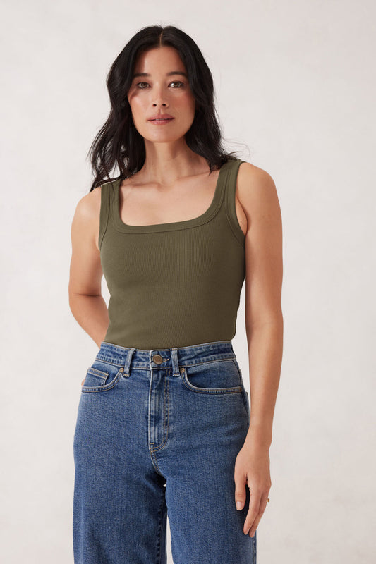 Ceres Life Zaeli Contour Rib Square Neck Tank, Soft Olive