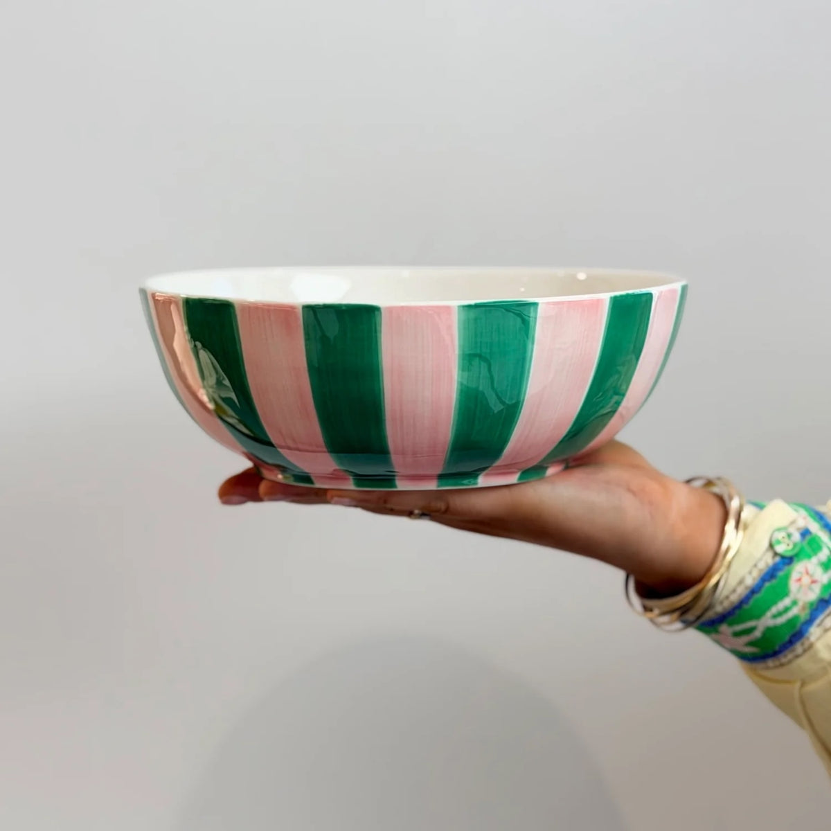 Noss & Co Ceramic Stripe Salad Bowl, Pink & Green