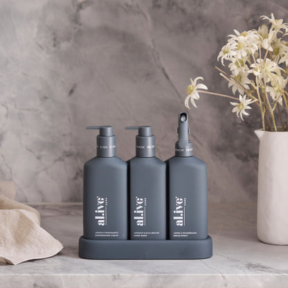 Al.ive Dishwashing Liquid Hand Wash & Bench Spray + Tray, Premium Kitchen Trio, Charcoal