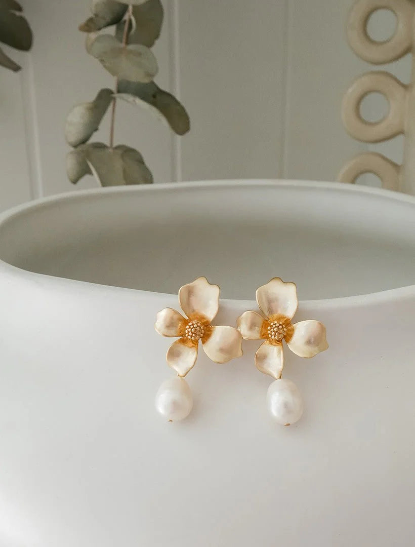 Zjoosh Gold Flower Pearl Drop Earrings