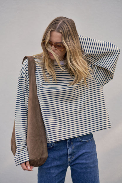 Ceres Life Beau Long Sleeve Slouchy Tee, Heritage Navy Butter Stone Stripe