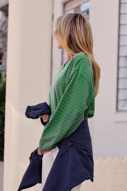 Ceres Life Beau Long Sleeve Slouchy Tee, Basil Prussian Blue Stripe