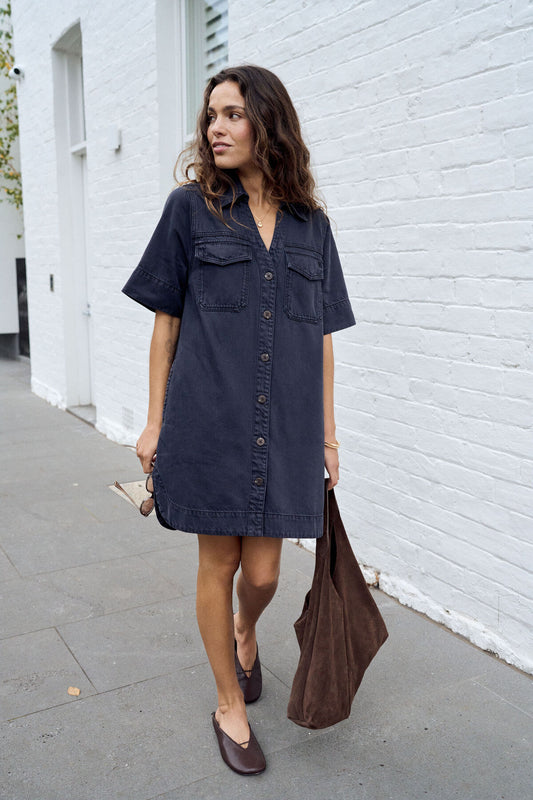 Ceres Life Bonnie Relaxed Shirt Dress, Washed Black