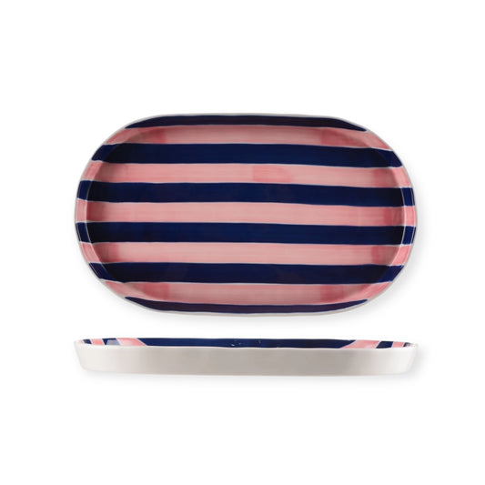 Noss & Co Oval Stripe Platter, Pink & Navy