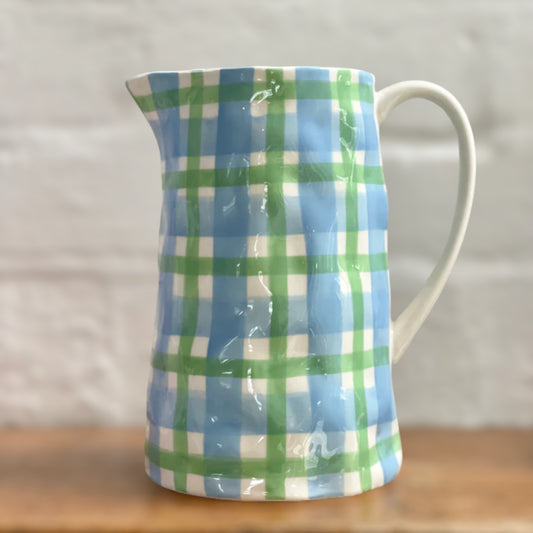 Noss Medium Gingham Jug, Cornflower Blue & Green