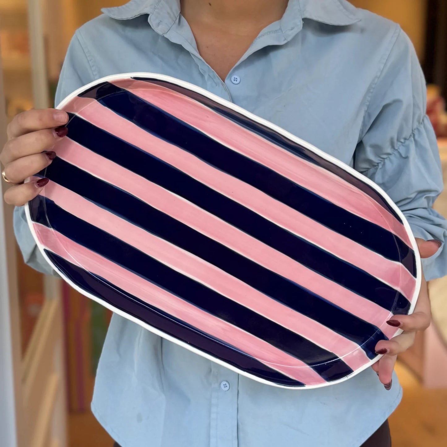 Noss & Co Oval Stripe Platter, Pink & Navy