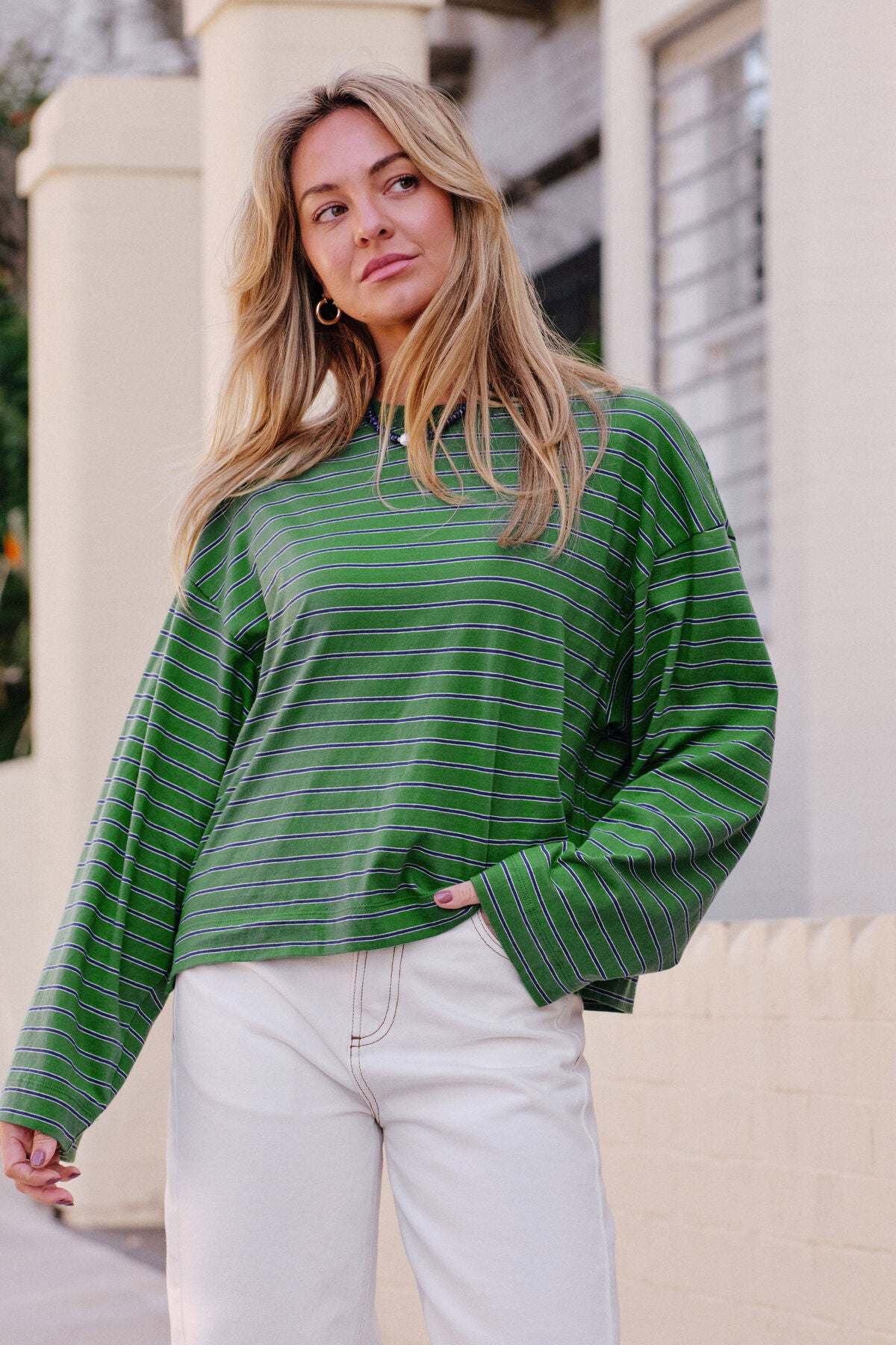 Ceres Life Beau Long Sleeve Slouchy Tee, Basil Prussian Blue Stripe