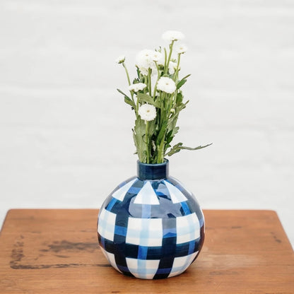 Noss & Co Round Bud Vase, Navy & Cornflower Gingham