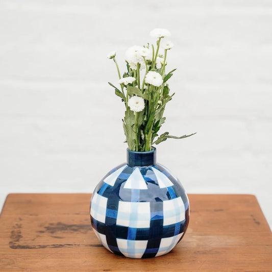 Noss & Co Round Bud Vase, Navy & Cornflower Gingham