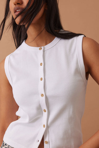 Ceres Life Lyla Button Through Rib Tank, White