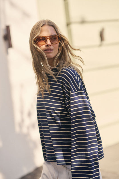 Ceres Life Beau Long Sleeve Slouchy Tee, Heritage Navy & Marshmallow Stripe