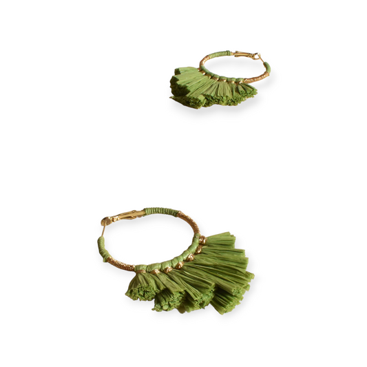 Adorne Mini Juniper Fringed Raffia Hoops, Green