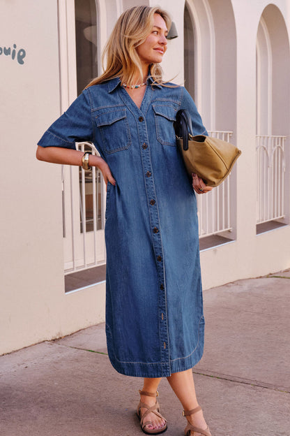 Ceres Life Sloane Short Sleeve Midi Dress, True Indigo