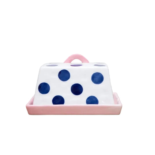Noss & Co Large Butter Dish, Navy Dots with Pink Handle & Tray