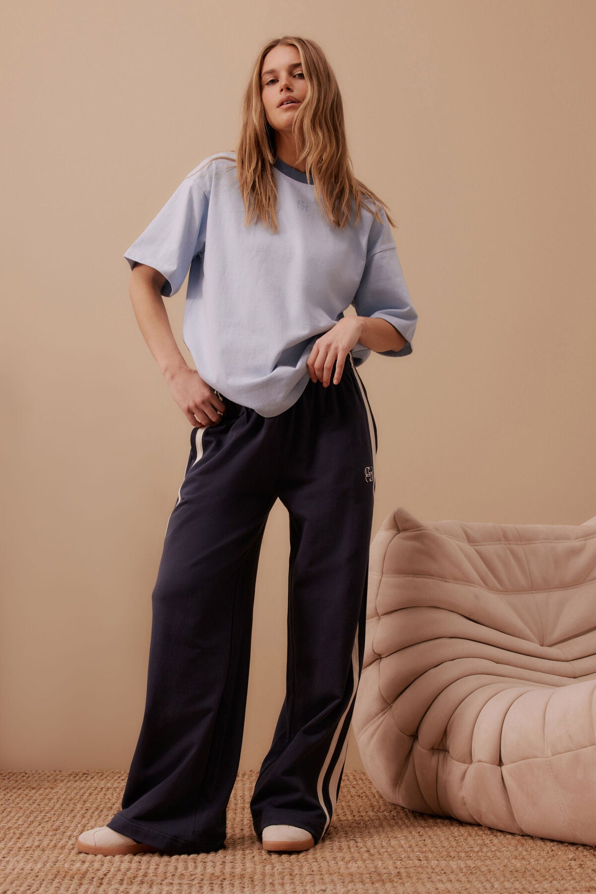 Ceres Life Gigi Wide Leg Terry Trackpant, New Navy Side Stripe