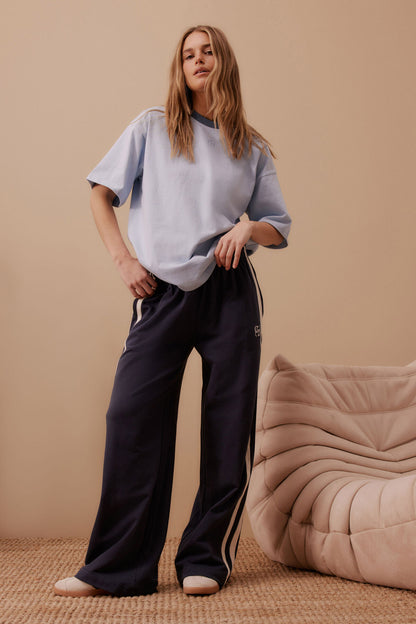 Ceres Life Gigi Wide Leg Terry Trackpant, New Navy Side Stripe