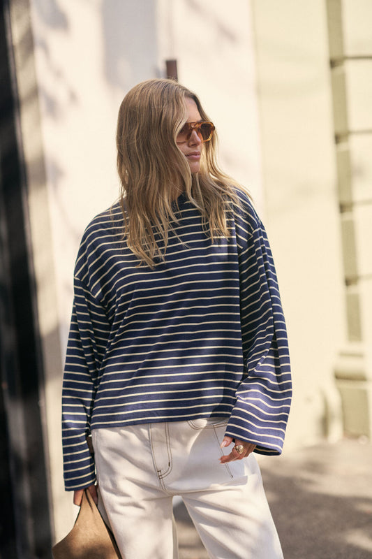 Ceres Life Beau Long Sleeve Slouchy Tee, Heritage Navy & Marshmallow Stripe
