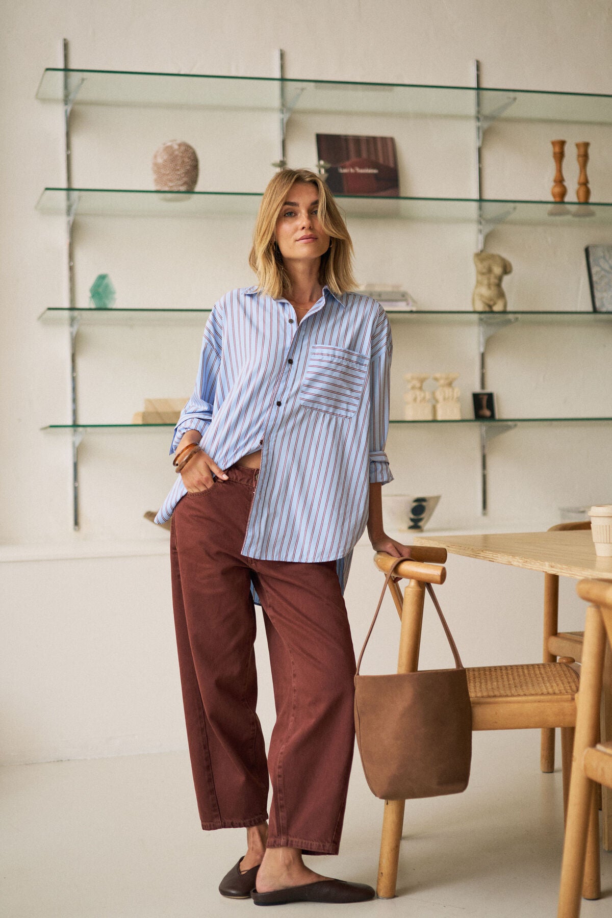 Ceres Life Peta Oversized Shirt, Blue Burgundy Strip
