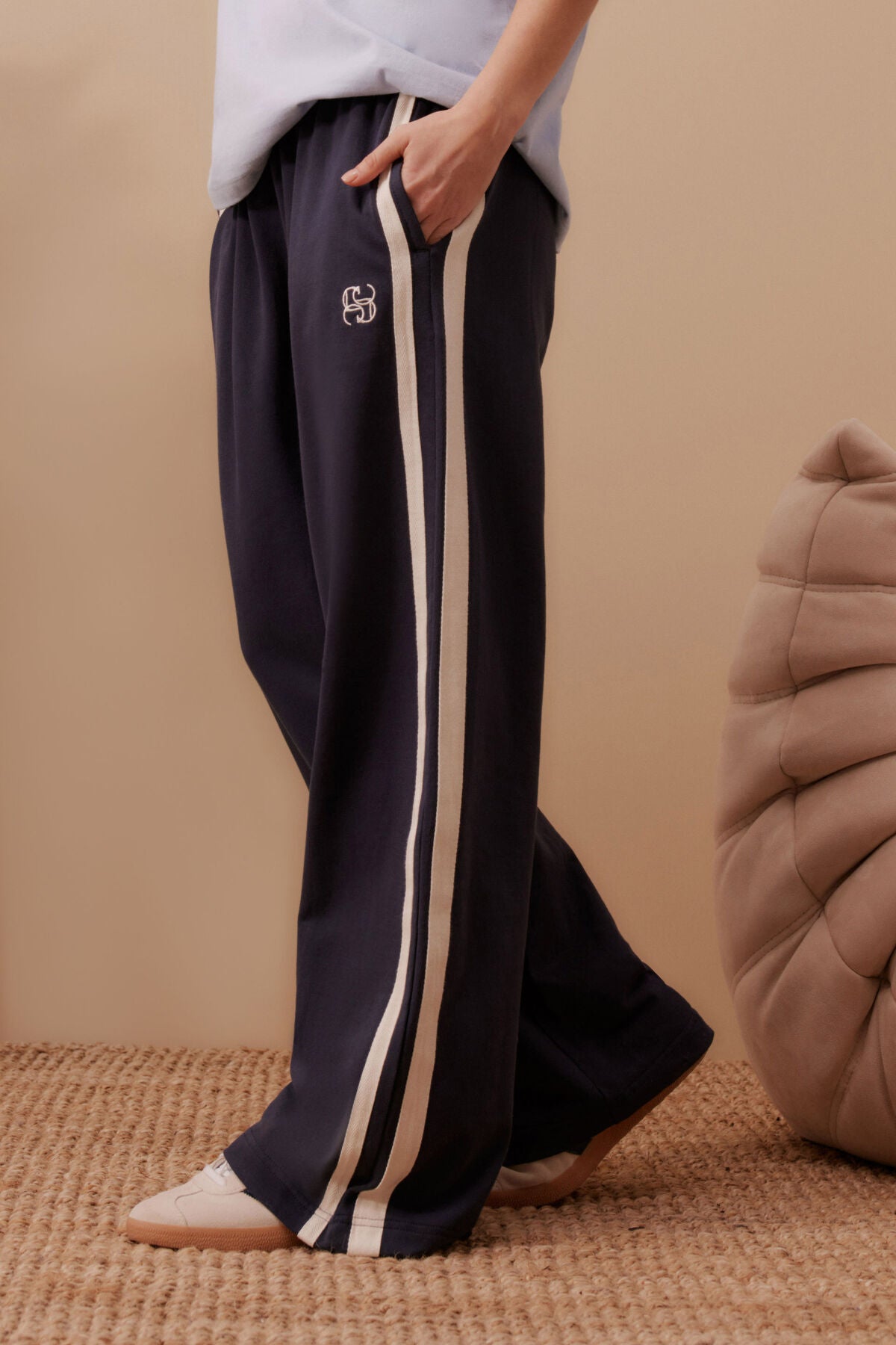 Ceres Life Gigi Wide Leg Terry Trackpant, New Navy Side Stripe