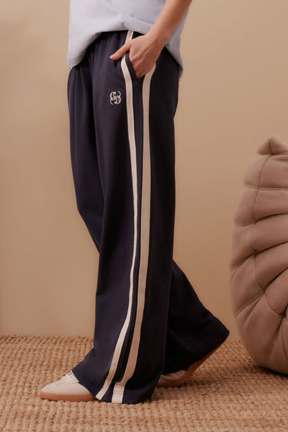 Ceres Life Gigi Wide Leg Terry Trackpant, New Navy Side Stripe