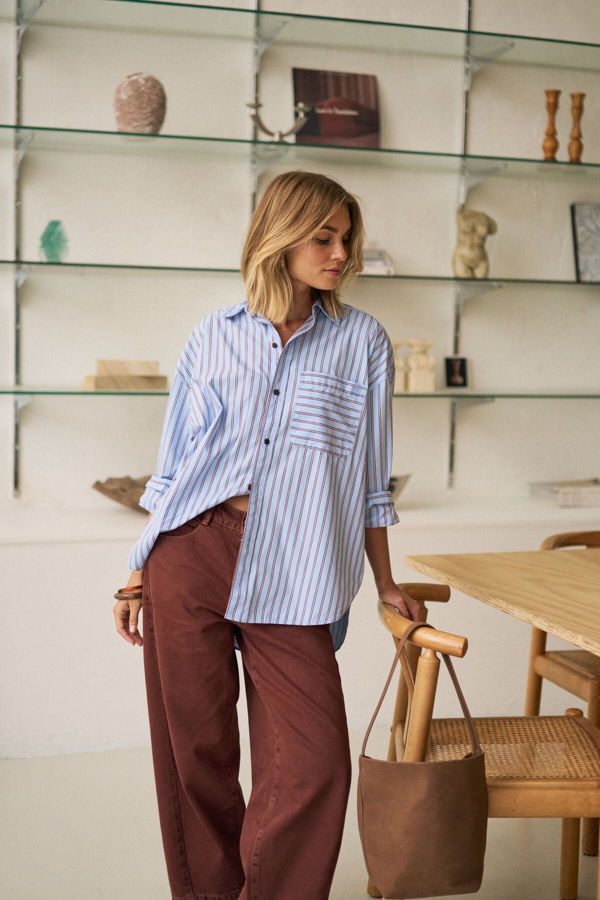 Ceres Life Peta Oversized Shirt, Blue Burgundy Strip