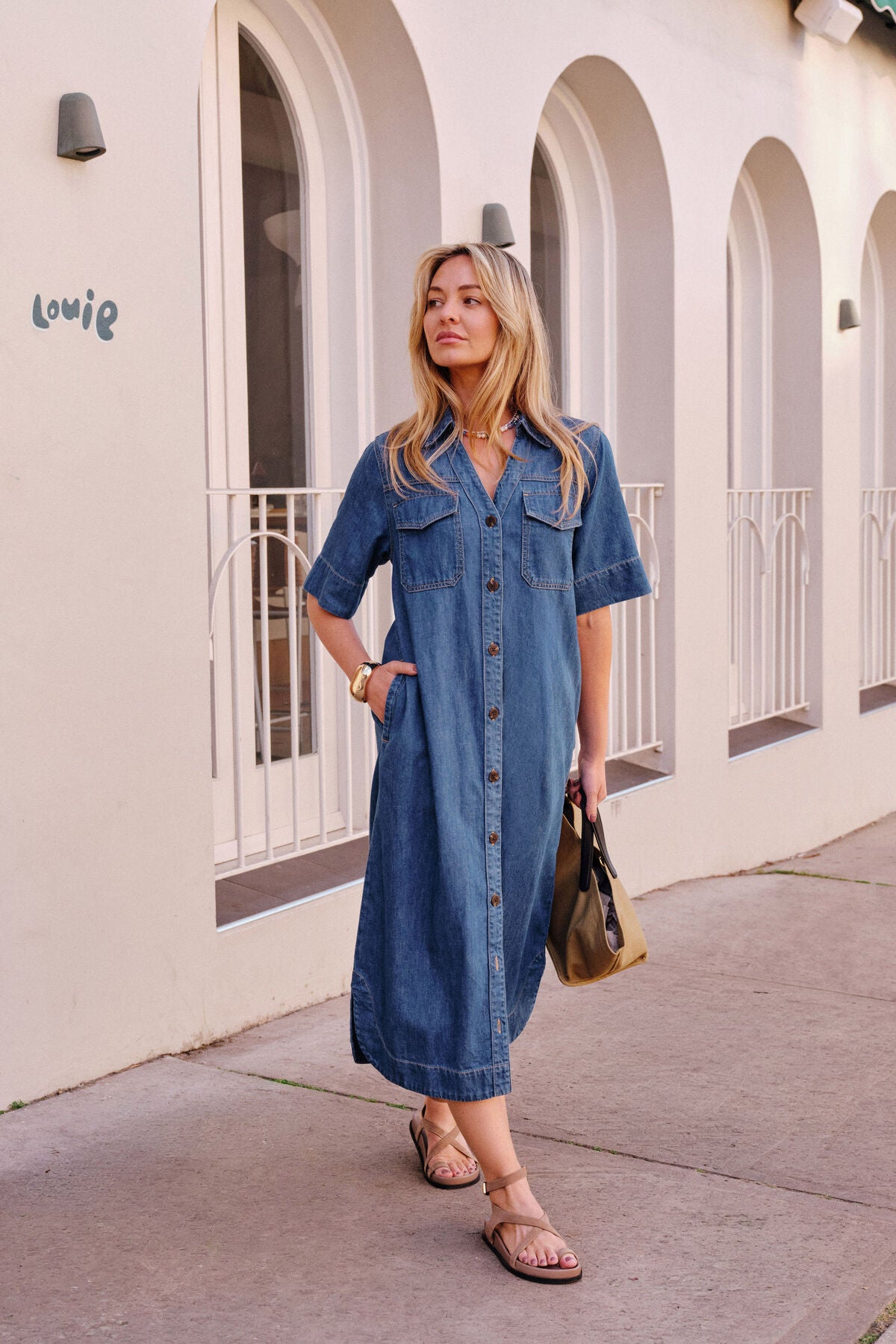 Ceres Life Sloane Short Sleeve Midi Dress, True Indigo