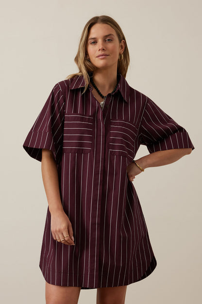 Ceres Life Sara Mini Shirt Dress, Wine Pinstripe