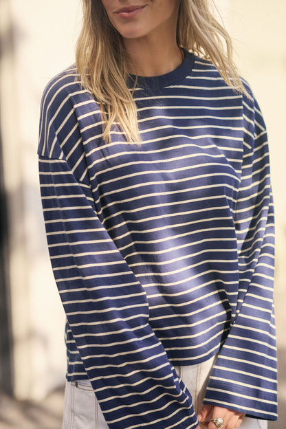 Ceres Life Beau Long Sleeve Slouchy Tee, Heritage Navy & Marshmallow Stripe