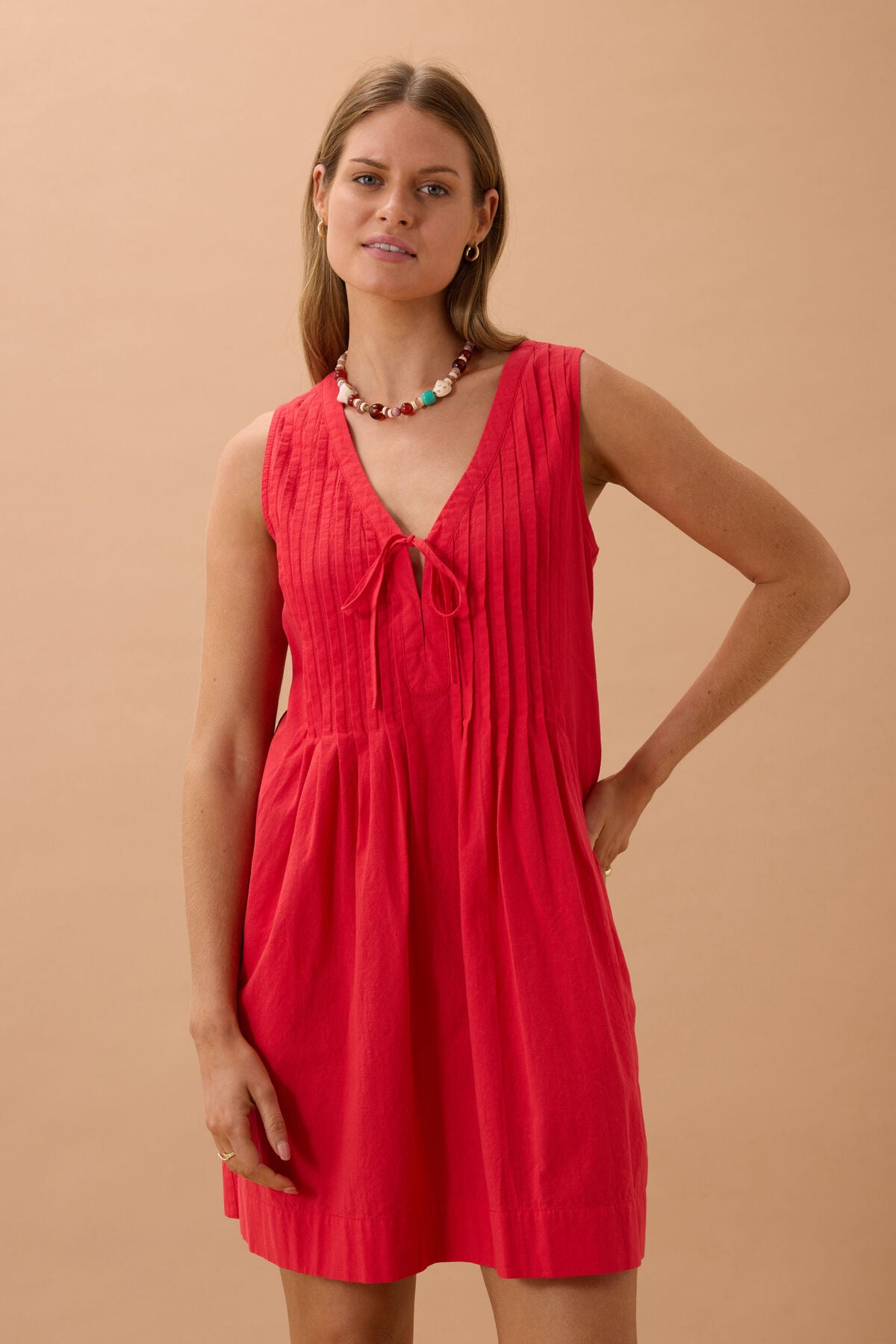 Ceres Life Eden Pintuck Mini Dress, Heritage Red