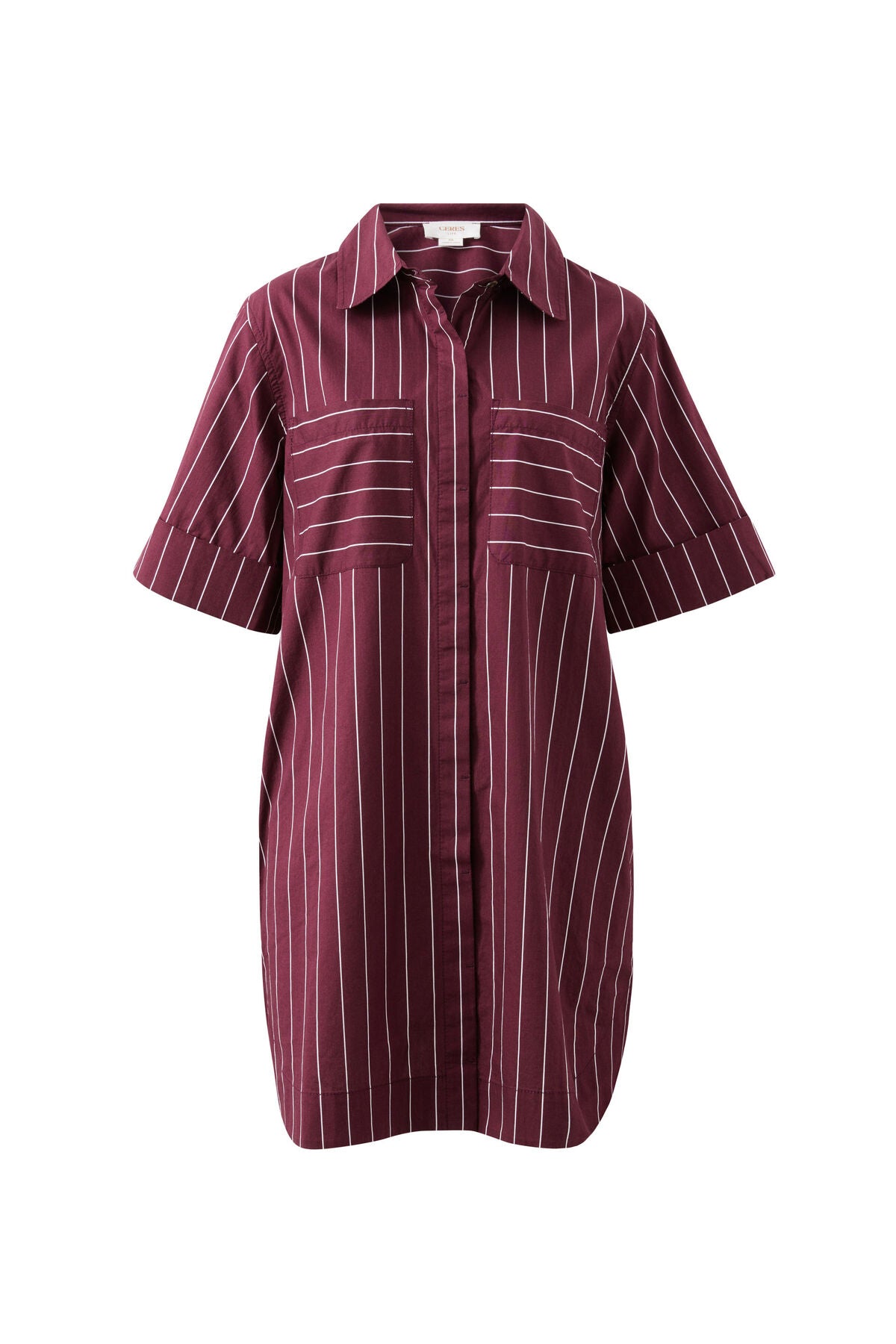Ceres Life Sara Mini Shirt Dress, Wine Pinstripe