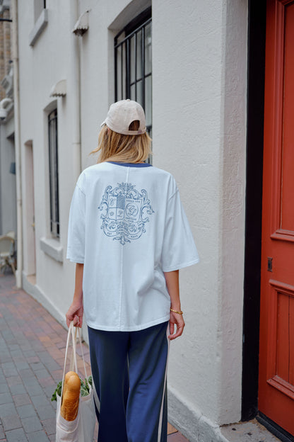 Ceres Life Liv Oversized Tee, White with Navy Shield