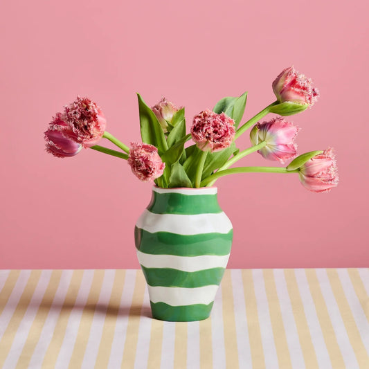 Noss & Co Small Stripe Belly Vase, Green with Pink Rim