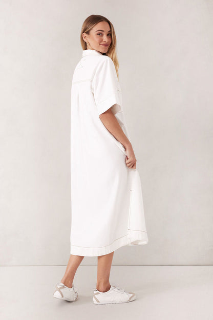 Ceres Life Short Sleeve Yoke Detail Midi Dress, Fresh Ecru Twill