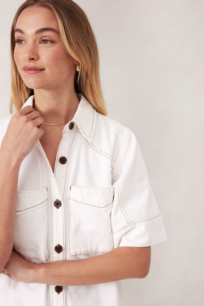 Ceres Life Short Sleeve Yoke Detail Midi Dress, Fresh Ecru Twill