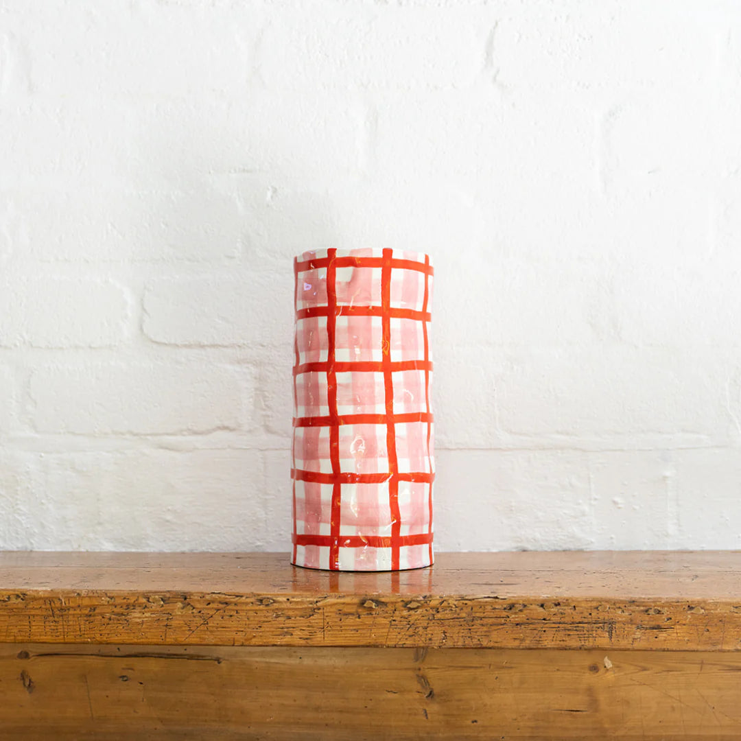 Noss & Co Large Gingham Vase, Rose Pink & Red