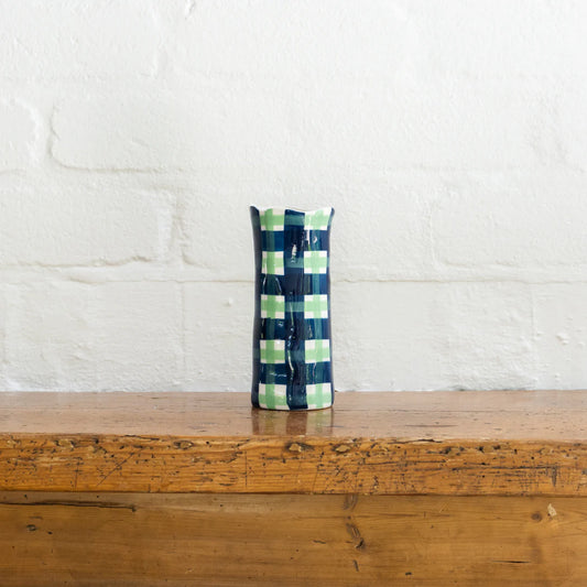 Noss & Co Small Gingham Vase, Navy & Green