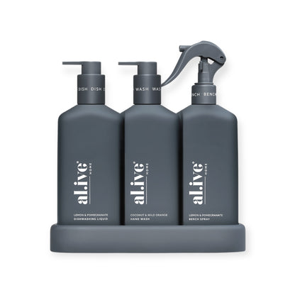 Al.ive Dishwashing Liquid Hand Wash & Bench Spray + Tray, Premium Kitchen Trio, Charcoal