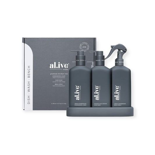 Al.ive Dishwashing Liquid Hand Wash & Bench Spray + Tray, Premium Kitchen Trio, Charcoal