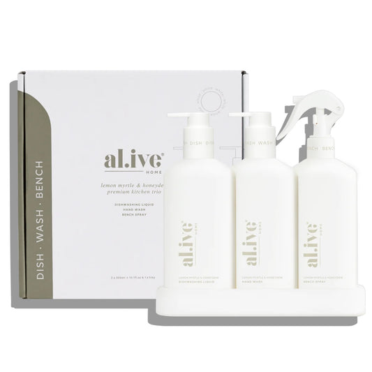 Al.ive Dishwashing Liquid Hand Wash & Bench Spray + Tray, Premium Kitchen Trio, White