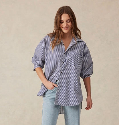 Ceres Life Poplin Shirt, College blue white narrow stripe