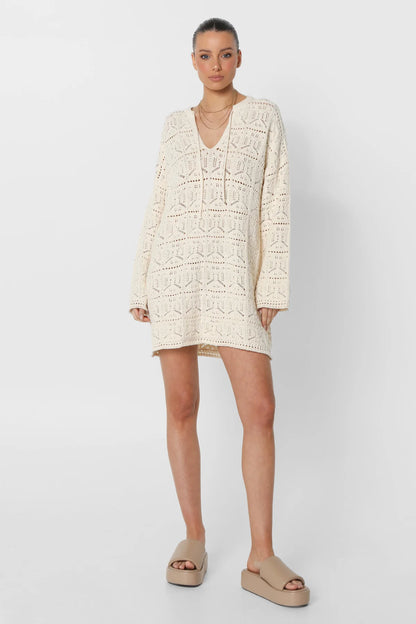 Lost In Lunar, Asha Long Sleeve Mini Dress, Cream