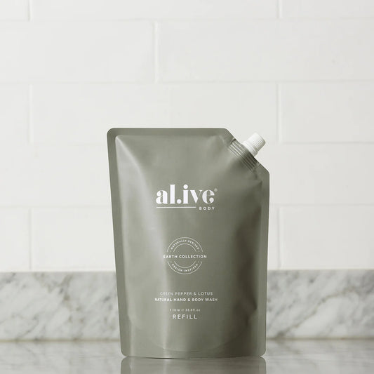 Al.ive 1L Hand & Body Wash Refill Pouch, Green Pepper & Lotus