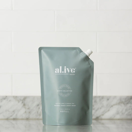 Al.ive 1L Hand & Body Wash Refill Pouch, Kaffier Lime & Green Tea