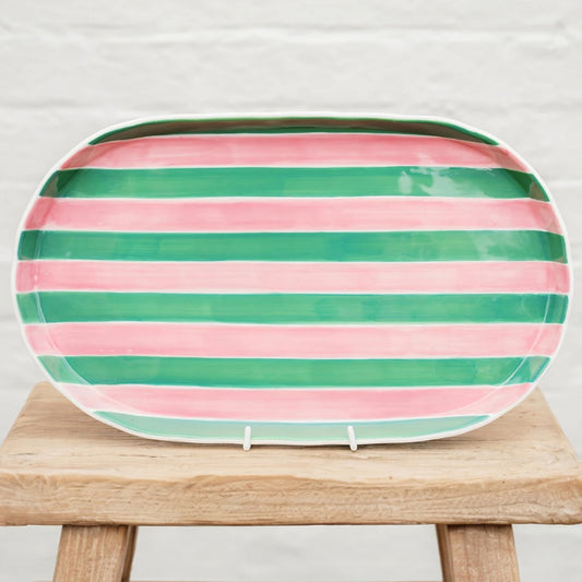 Noss & Co Oval Platter, Pink & Green Stripes