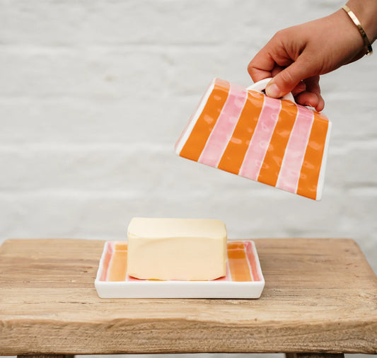 Noss & Co Large Butter Dish, Orange & Pink Stripe