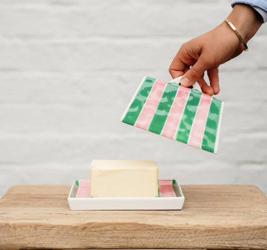 Noss & Co Large Butter Dish, Pink & Green Stripe